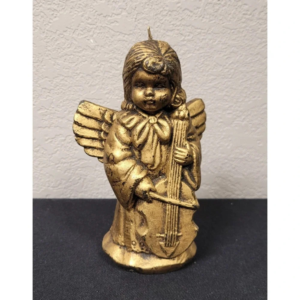 Angel Playing Cello Wax Candle Antique Gold Color 6 Inch Tall